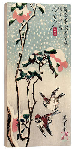 Tableau en bois Sparrows and Camellias in the Snow