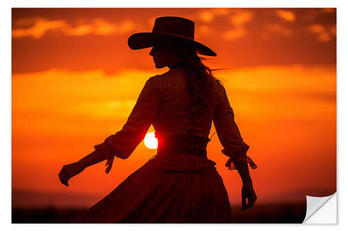 Selvklæbende plakat Cowgirl Sunset Silhouette