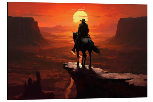 Stampa su alluminio A Solitary Cowboy Riding Into the Sunset