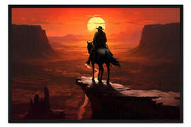 Gerahmter Kunstdruck Einsamer Cowboy bei Sonnenuntergang