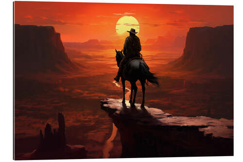 Tableau en plexi-alu A Solitary Cowboy Riding Into the Sunset