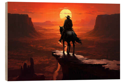 Wood print A Solitary Cowboy Riding Into the Sunset