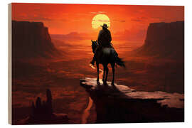 Wood print A Solitary Cowboy Riding Into the Sunset - Michael artefacti