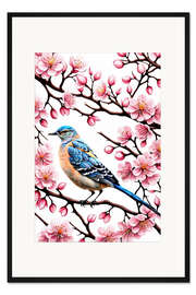 Gerahmter Kunstdruck Kirschblüte mit Vogel