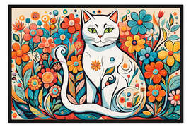 Gerahmter Kunstdruck Katze in den Blumen