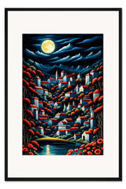 Gerahmter Kunstdruck Kleinstadt bei Nacht