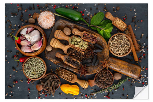 Selvklebende plakat Spices and herbs on slate plate