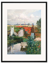 Gerahmter Kunstdruck Mohnfeld mit Mädchen am Kanal, Heinrich Petersen-Angeln