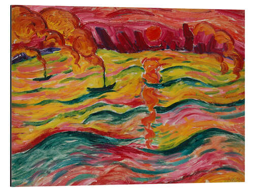 Tableau en aluminium River Landscape with Ships and Red Sun, 1913