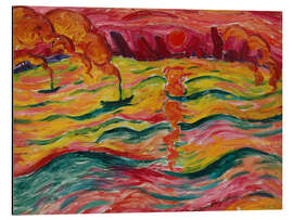 Alubild Flusslandschaft mit Schiffen und roter Sonne, 1913