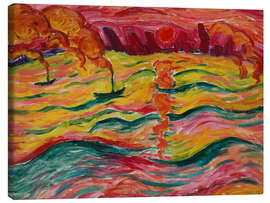 Leinwandbild Flusslandschaft mit Schiffen und roter Sonne, 1913