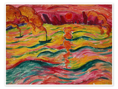 Plakat River Landscape with Ships and Red Sun, 1913