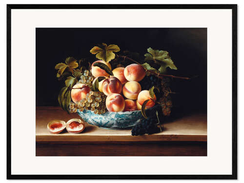 Impression artistique encadrée Peaches and Grapes in a Porcelain Bowl, Louise Moillon