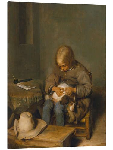 Stampa su vetro acrilico A Child Picks Fleas Off his Dog, Gerard ter Borch