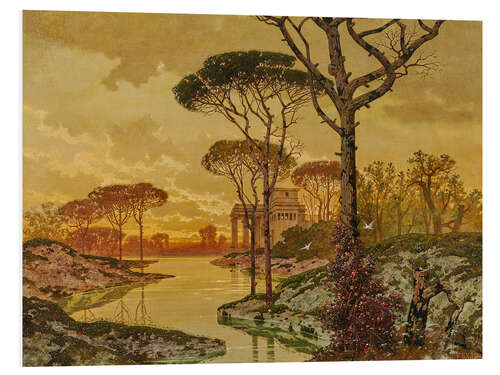 Foam board print Evening River Landscape with an Antique Villa, Ferdinand Knab