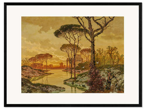 Impression artistique encadrée Evening River Landscape with an Antique Villa, Ferdinand Knab
