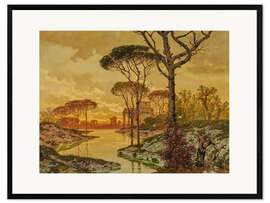 Impression artistique encadrée Evening River Landscape with an Antique Villa, Ferdinand Knab