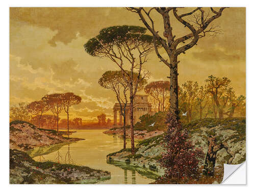 Selvklebende plakat Evening River Landscape with an Antique Villa, Ferdinand Knab