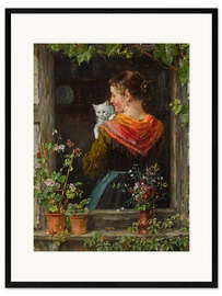 Impressão artística com moldura Young Woman With Cat, Johann Sperl