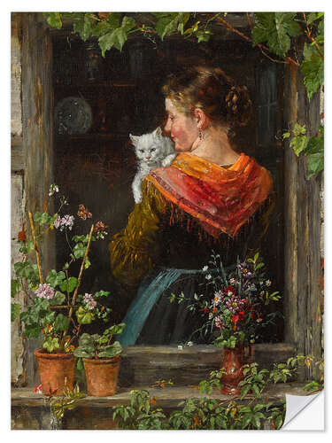 Sticker mural Young Woman With Cat, Johann Sperl