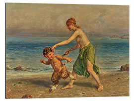 Alubild Nymphe und kleiner Satyr am Strand, Ludwig Knaus