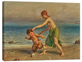 Leinwandbild Nymphe und kleiner Satyr am Strand, Ludwig Knaus