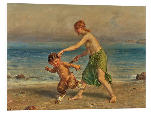 Hartschaumbild Nymphe und kleiner Satyr am Strand, Ludwig Knaus