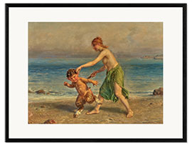 Ingelijste kunstdruk Nymph and little satyr on the beach, Ludwig Knaus