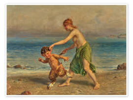 Poster Nymph and little satyr on the beach, Ludwig Knaus