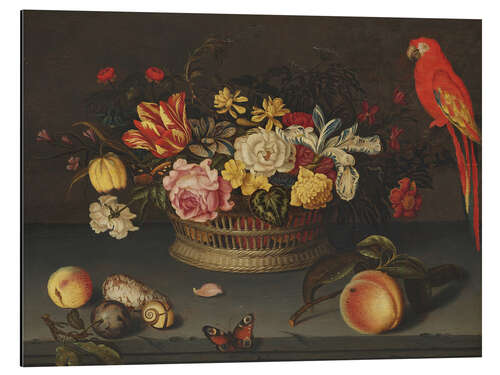 Alubild Stillleben mit Blumenkorb und Papagei, Jeronimus Sweerts