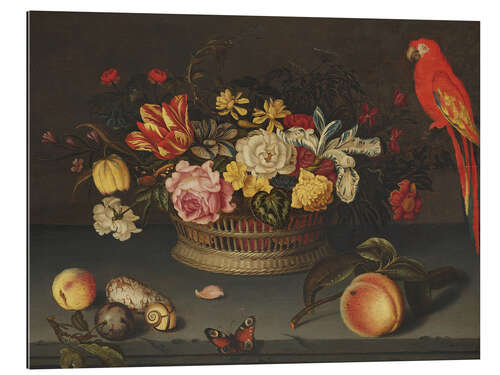 Gallery Print Stillleben mit Blumenkorb und Papagei, Jeronimus Sweerts