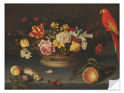 Wall sticker Still Life with Flower Basket and Parrot, Jeronimus Sweerts