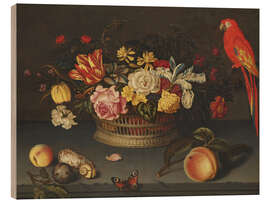 Wood print Still Life with Flower Basket and Parrot, Jeronimus Sweerts