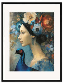 Gerahmter Kunstdruck Dame mit Pfau