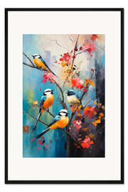 Gerahmter Kunstdruck Meisen auf Blütenzweig