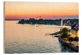 Hout print Friedrichshafen on Lake Constance at dusk