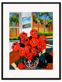 Gerahmter Kunstdruck Mohnblumen am Fenster