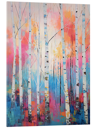 Tableau en verre acrylique White Birch Forest Pink and Blue Sky