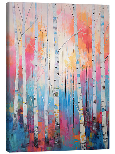 Canvastavla White Birch Forest Pink and Blue Sky