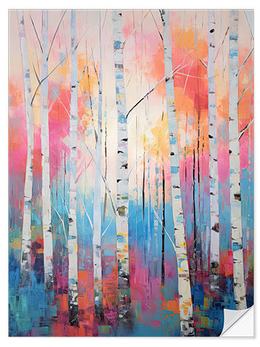 Sticker mural White Birch Forest Pink and Blue Sky