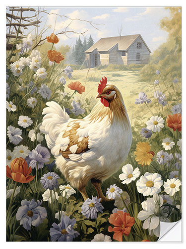 Selvklebende plakat Hen in flower meadow