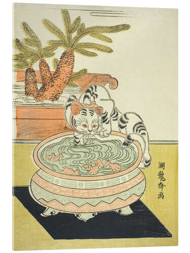 Acrylglasbild Katze betatscht Goldfisch, Isoda Koryusai
