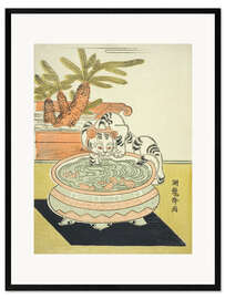 Stampa artistica con cornice Cat Pawing at Goldfish, Isoda Koryusai