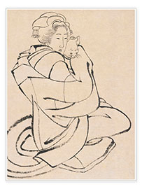 Wandbild  Dame, die eine Katze hält - Katsushika Hokusai