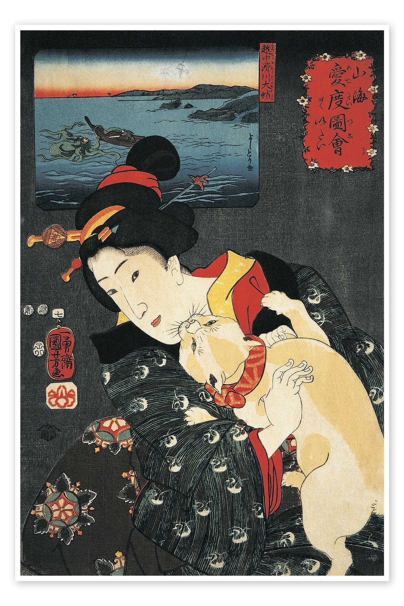 Young Woman with a Cat in her Arms print by Utagawa Kuniyoshi 