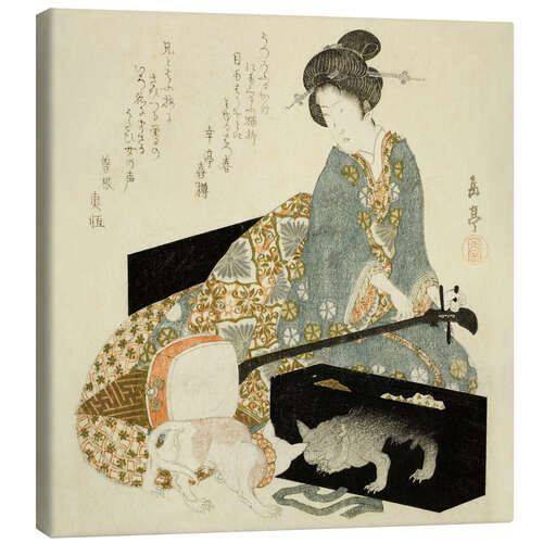 Leinwandbild Frau mit Shamisen und Katze