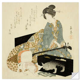 Vinilo para la pared Woman with Shamisen and Cat