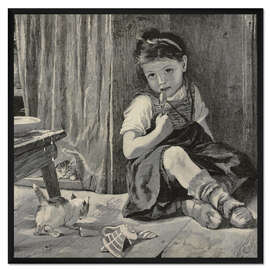 Gerahmter Kunstdruck Junges Mädchen und ein Kätzchen, das eine Tasse zerbrochen hat