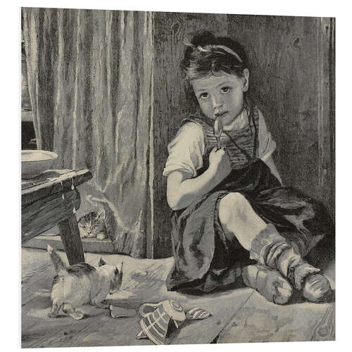 Foam board print Young girl and a kitten which broke a cup