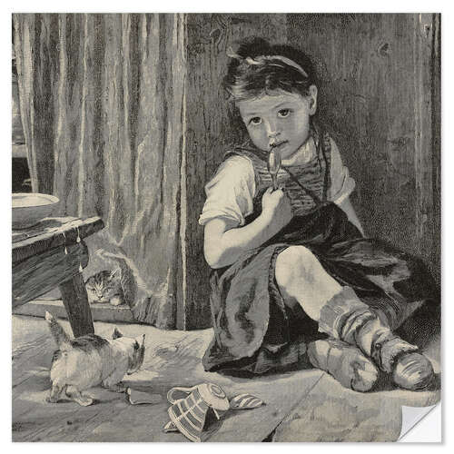 Sisustustarra Young girl and a kitten which broke a cup